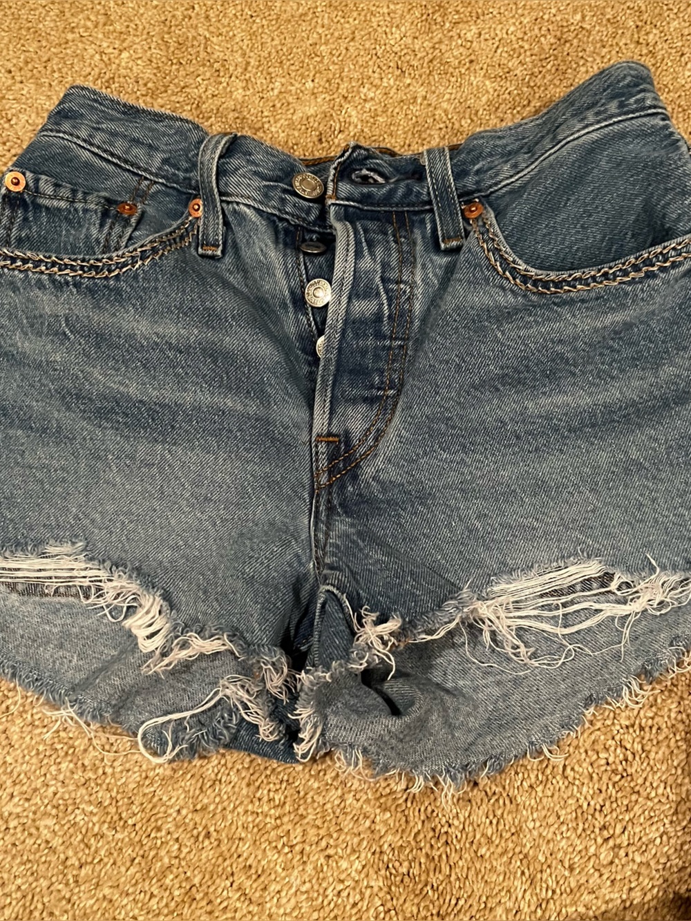 Levi's Distressed High-Waist Blue Jean Shorts with Braided Trim